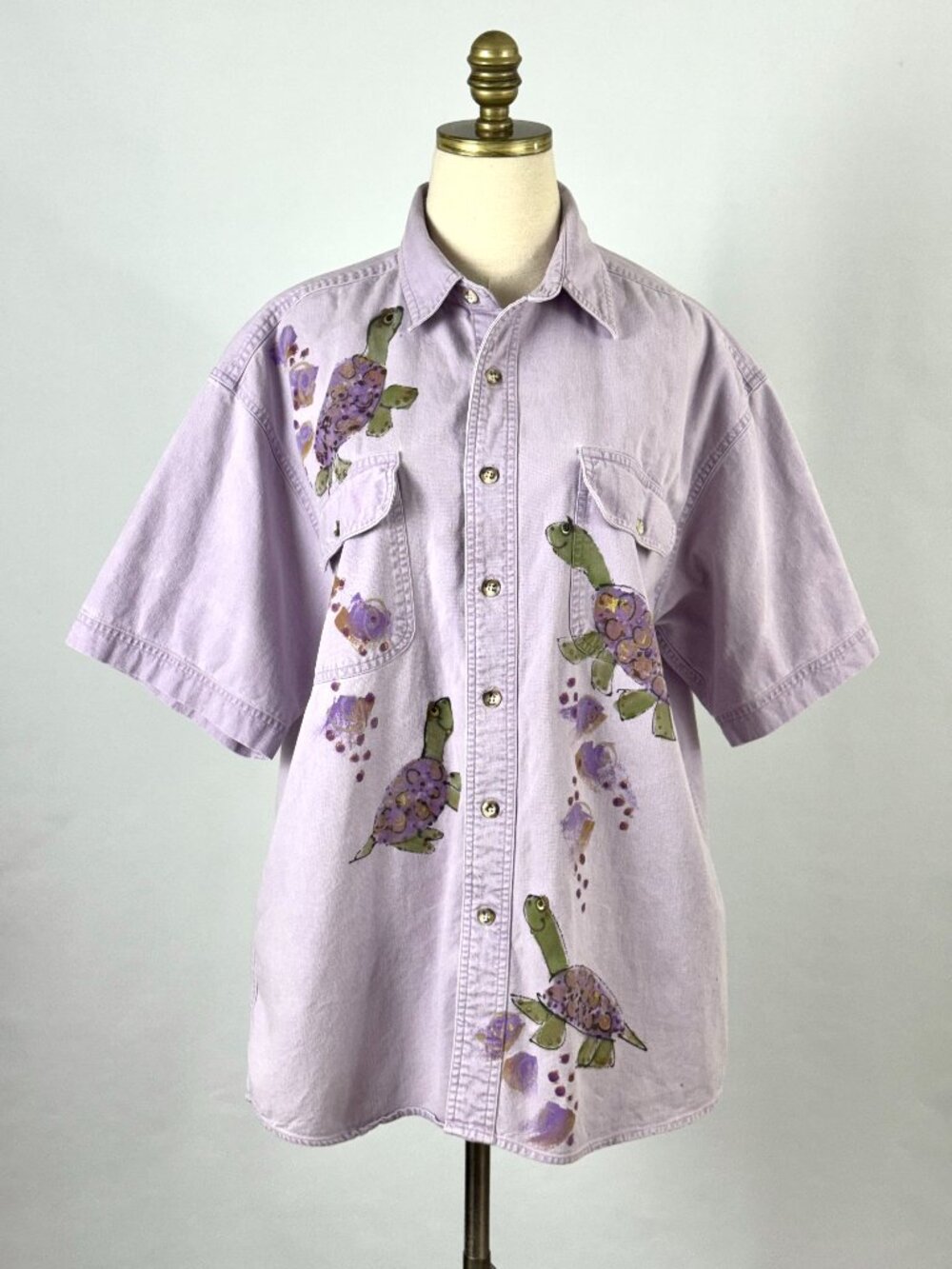 Vtg Sunbelt Painted Turtle Denim Button Down Shirt Lavender Short Sleeves